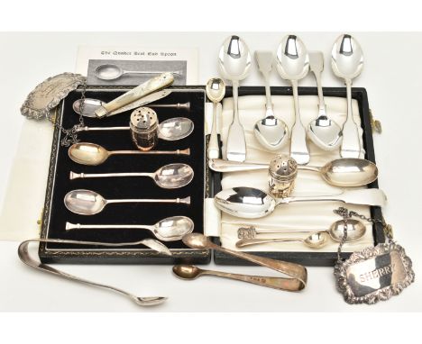 A SELECTION OF SILVER ITEMS, to include a cased set of six coffee spoons, each piece hallmarked Birmingham, six fiddle patter