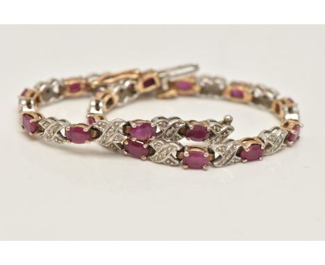 A GLASS FILLED RUBY AND DIAMOND BRACELET, set with oval cut glass filled rubies interspaced by cross over design diamond set 