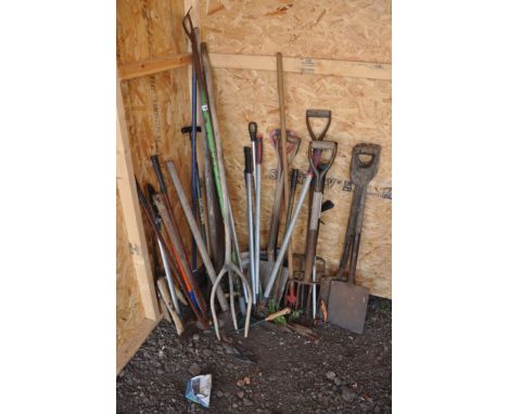 A COLLECTION OF GARDEN TOOLS including a vintage wooden hay fork, lawn edgers, forks, spades, sledge hammers et