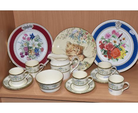 A MINTON 'HENLEY' COFFEE SET AND THREE COLLECTORS PLATES, twelve pieces of Minton Henley comprising sugar bowl, cream jug, fi