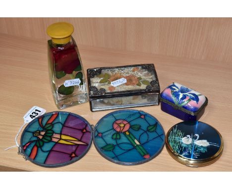 A GROUP OF GLASS WARE AND CERAMICS, comprising an Old Tupton Ware trinket box tube lined with an Iris, two painted glass sunc
