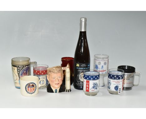 SPACE RELATED WINE BOTTLE AND CUPS, comprising a limited edition wine bottle with label celebrating 40 years of Space travel,