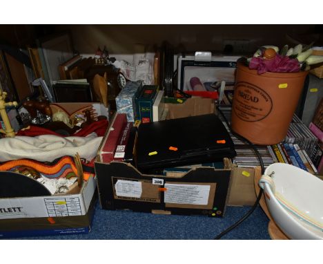 SIX BOXES AND LOOSE MISCELLANEOUS ITEMS, to include, approximately 60 classical CDs, a vintage vanity set brush, mirror and s