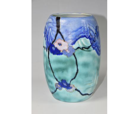 A CLARICE CLIFF INSPIRATION HONEY BLOOM VASE, the Shorter and Son barrel shaped vase with moulded geometric details, painted 