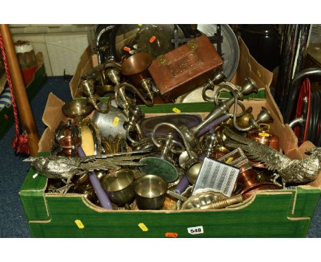 TWO BOXES OF METALWARE, to include brass hunting horn, silver coloured candelabra, pheasant sculptures, goblets, trays, cigar