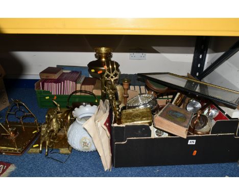 THREE BOXES AND LOOSE BOOKS, WALKING STICKS AND METALWARES to include two boxes of vintage reference books and a hardback vin