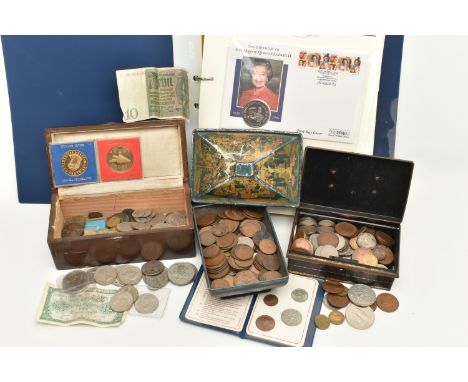 A BOX CONTAINING COIN ALBUMS AND LOOSE COINS, to include 'The Royal Family' folder of various carded first day cover coins, c