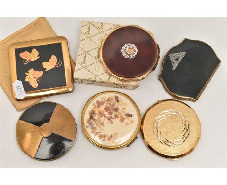 SIX COMPACTS, to include a Stratton example with marcasite detail (internal mirror missing), two further circular Stratton co