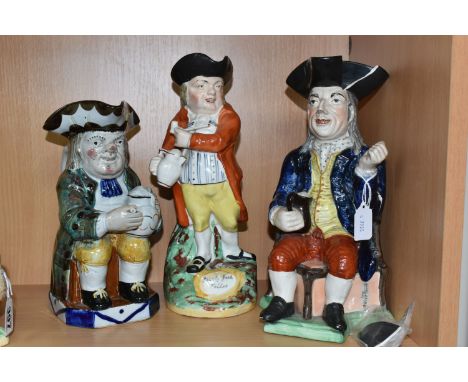 THREE STAFFORDSHIRE POTTERY TOBY JUGS, comprising a jug inscribed on the base 'Beer Taster and Snuff Taker', height 28cm (mis