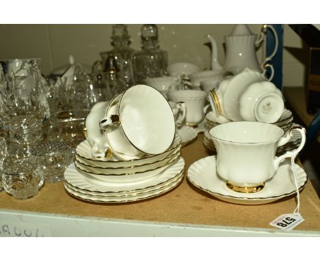 A GROUP OF ROYAL ALBERT 'VAL D'OR' PATTERN TEA AND COFFEE WARE, comprising a coffee pot, six twin handled soup bowls, salt an