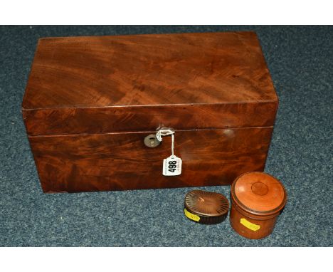 A VICTORIAN TEA CADDY AND TWO SMALL BOXES comprising a Victorian mahogony tea caddy with original key, lock in working order,
