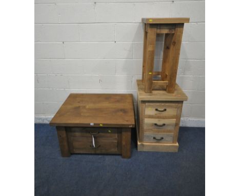 THREE PIECES OF HARDWOOD OCCASIONAL FURNITURE, to include a coffee table, fitted with two double sided drawers, width 90cm x 