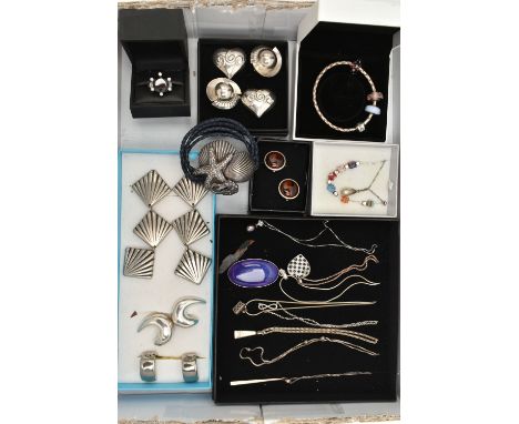 A BOX OF ASSORTD WHITE METAL JEWELLERY, to include six pairs of white metal earrings, all for non-pierced ears, two bracelets