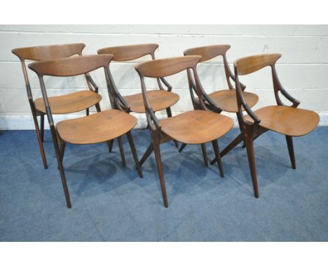 ARNE HOVMAND-OLSEN FOR MOGENS KOLD, A SET OF SIX DANISH MID-CENTURY TEAK CHAIRS, model 71, with curved backrest, raised on cr
