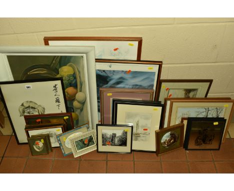 A GROUP OF PAINTINGS AND PRINTS, to include an oriental print of a Pekingese dog, a small monochrome picture of a church, rur