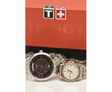 TWO TISSOT WATCHES, the first a gentleman's automatic watch, the circular face with dark dial, baton and Arabic numeral marke