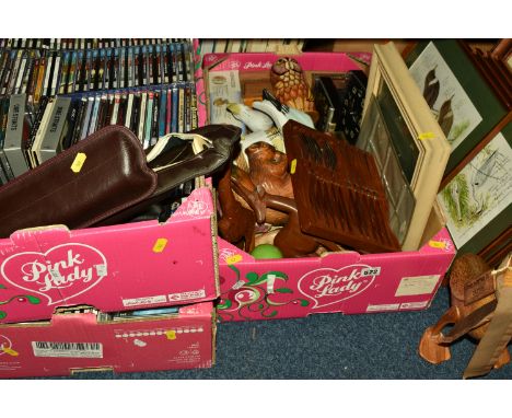 THREE BOXES AND LOOSE CDS, PICTURES AND MISCELLANEOUS, to include, seventeen framed pictures of flowers, birds, scenery, etc,