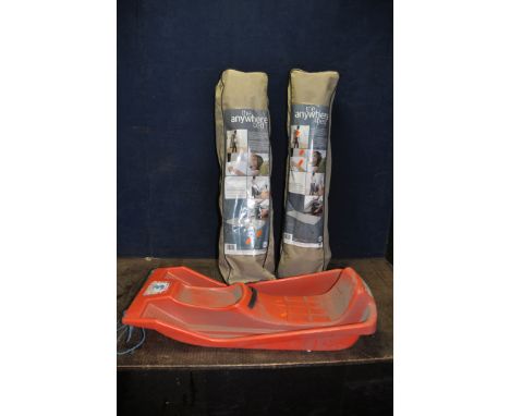 TWO 'THE ANYWHERE BED' INFLATABLE FOLDAWAY BEDS in carrying bags and a plastic Sledge (beds untested)