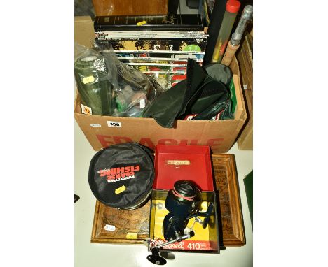 ONE BOX AND LOOSE VINTAGE FISHING ITEMS, to include a fly wheel, a Garcia Mitchell 410 reel, wooden box with fish detail carv