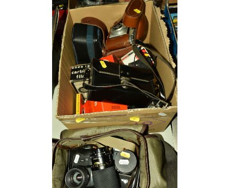 ONE BOX AND LOOSE CAMERAS AND EQUPMENT, to include five vintage cameras, names to include Zenit and Baldixette, a Praktica au