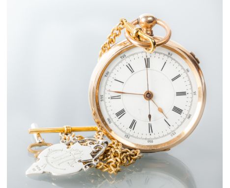 FOURTEEN CARAT GOLD OPEN FACE CENTRE SECONDS CHRONOGRAPH POCKET WATCH unsigned keyless wind movement, the white dial with Rom