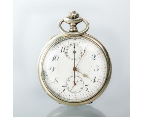 WHITE METAL OPEN FACE CHRONOGRAPH POCKET WATCH
early twentieth century, unsigned keyless wind movement numbered 975751, the w