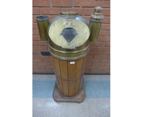 A ship's oak and brass binnacle, the dial marked The Lord Kelvin Compass Card, Compass Adjusters, Hull