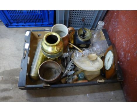 Assorted kitchenalia, coffee grinder, decanters, etc.