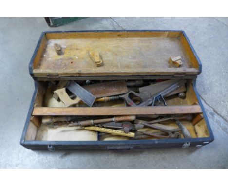 A pine carpenter's tool chest and tools