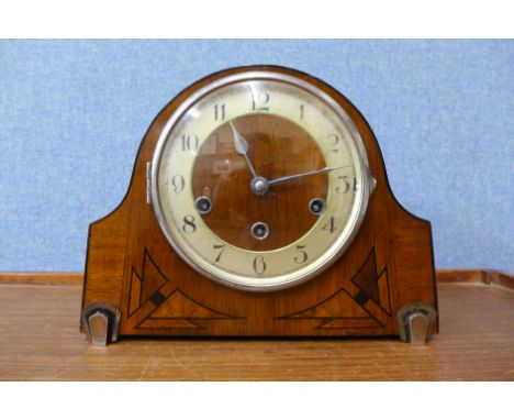 An Art Deco inlaid walnut mantel clock