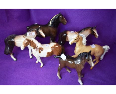 Six ceramic Horse Studies including Beswick Shire Mare, brown, model no 818, Shire Foal, brown, model no 951, Pinto Pony and 