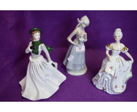 A selection of ceramic figures including milkmaid and Coalport 'Winter stroll'.