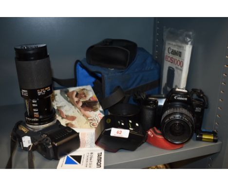 A selection of photography equipment and camera including Canon T70 and EOS 1000F