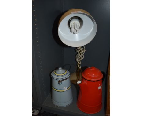 A mid century lamp and two enamel wares including banded dairy can