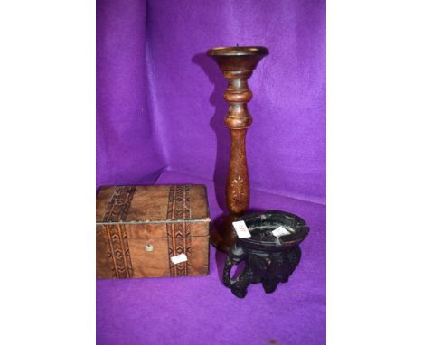 An antique inlayed tea caddy and two similar treen wood items