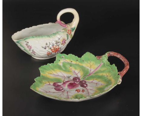 A Derby porcelain sauce boat, circa 1760, of leaf moulded form, l.18cm, together with a Chelsea porcelain cos lettuce leaf di