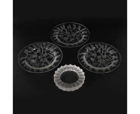Three Lalique frosted glass plates, together with another Lalique dish (4)dia. 21.5cmAll with chips