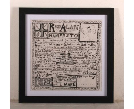 Grayson Perry RA (b. 1960), Red Alan Manifesto, printed napkin, housed in a black painted frame32 x 32cm