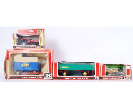 A set of 4x Britains farm vehicles and machinery to include; 9566 Tipper Cart, 9520 Massey Ferguson Tractor, 9553 Disc Harrow