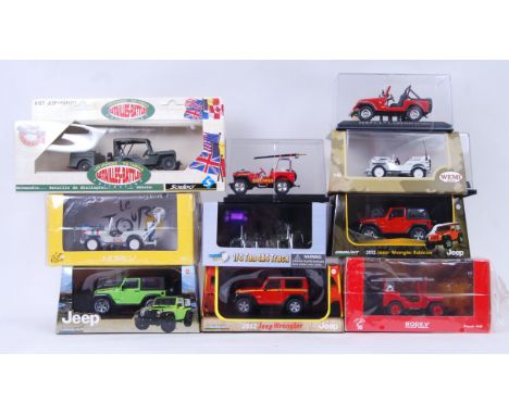 A collection of 10x diecast Jeeps by Greenlight Models &amp; Solido. 1:43 &amp; 1:72 scale. Jeeps include; 1978 UN Willys Jee