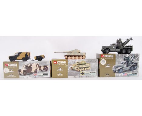 A collection of 3x original diecast Corgi Classic Fighting vehicles to include; US Army Diamond T Wrecker 55601, German Army 