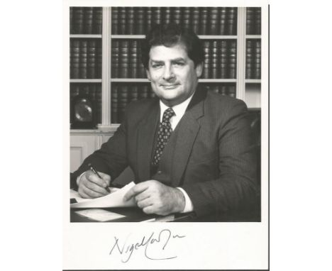 Nigel Lawson autographed photo. Black and white 9x7 portrait photograph autographed by former Chancellor of the Exchequer Nig