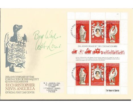 Arthur Lowe Dads Army actor signed Nevis 25th ann Coronation FDC Good condition. All signed items come with Certificate of Au