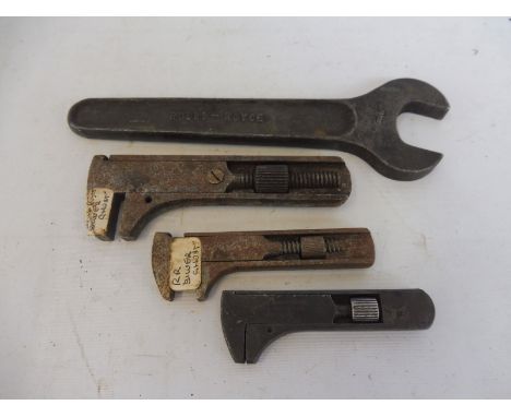 Three early Lucas wrenches, believed Rolls-Royce plus an open-ended Rolls-Royce spanner. 