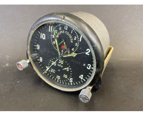 A Russian A4C-1 aircraft clock, based on a Jaeger Le Coultre design, with subsidiary dials for 'Flying Time Mode' and a stop 