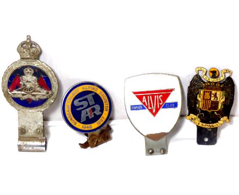 A Sunbeam Talbot Alpine Register enamel badge, a Spanish badge and two others.