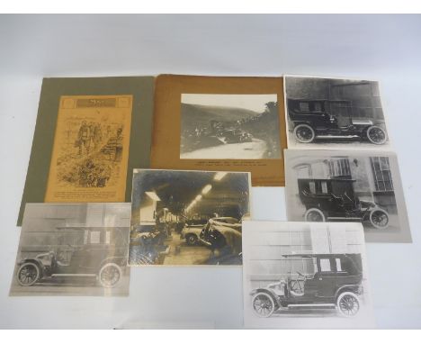 A small collection of black and white photographs including Edwardian cars and an image of an Austin Light 12/4 on a 1933 tri