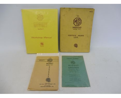 An MG Midget Series TD and TF Workshop Manual, a Service Parts List for a TD, an operation manual for a Midget TF and a pamph