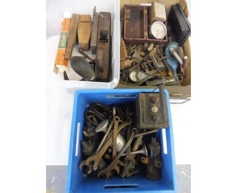 Three boxes of assorted workshop tools, spanners etc. 