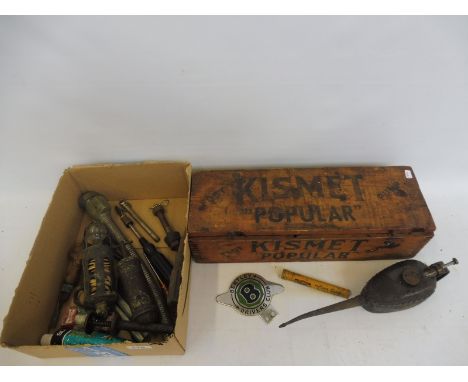 A box of assorted car tools, some possibly Rolls-Royce, a Kismet pump box etc.